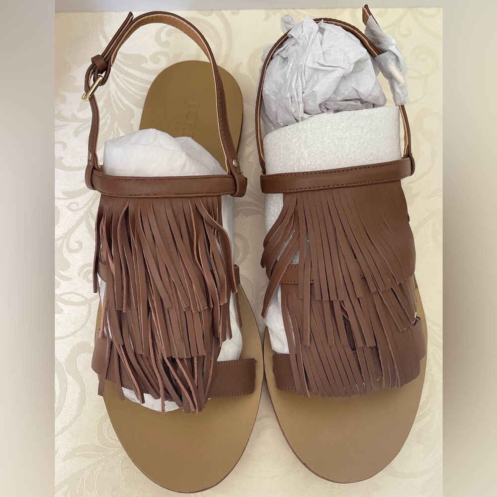 J. CREW Fringe Slingback Sandals for Women - Brown Leather- SZ 10 - NEW